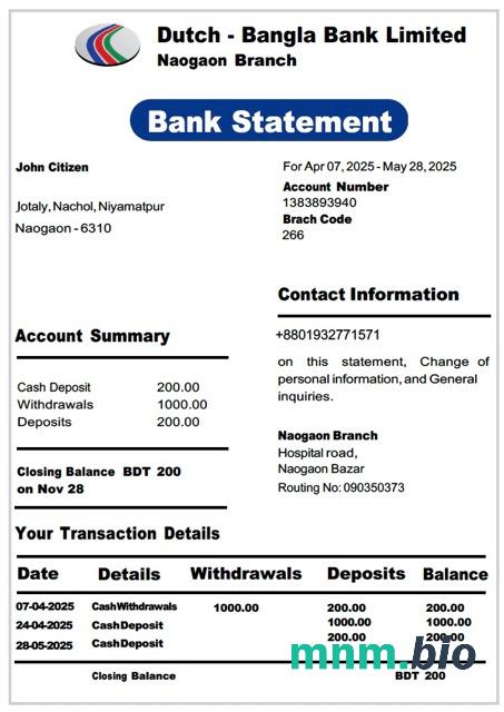 Bangladesz Holenderski Bangla Bank Limited wyciąg z konta Word i szablon PDF